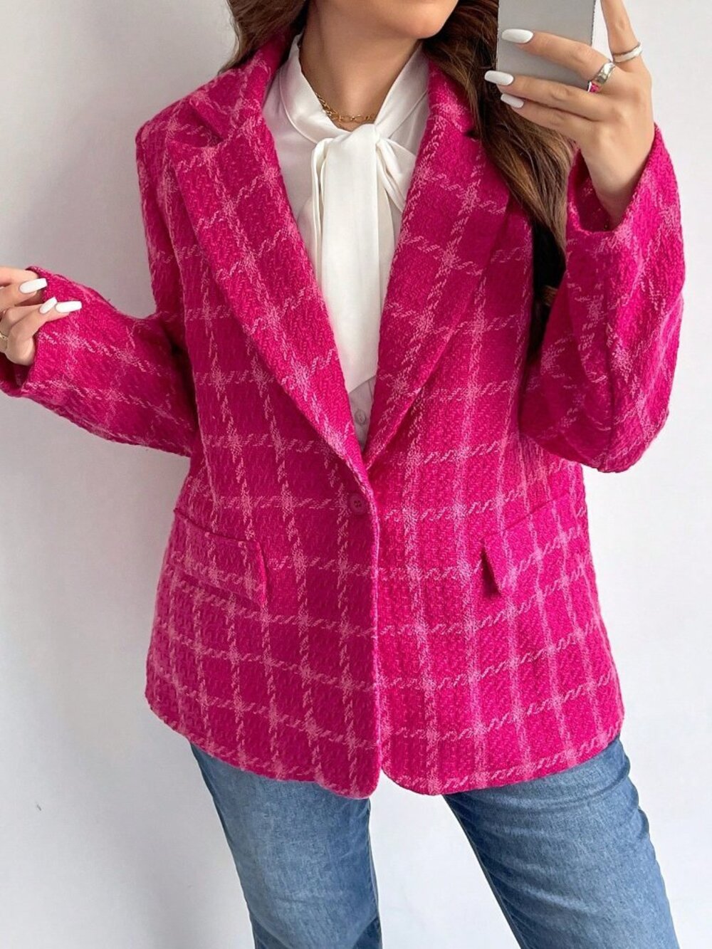Pink Casual Women's Plus Size Elegant Plaid Long Sleeve Warm Blazer Jacket